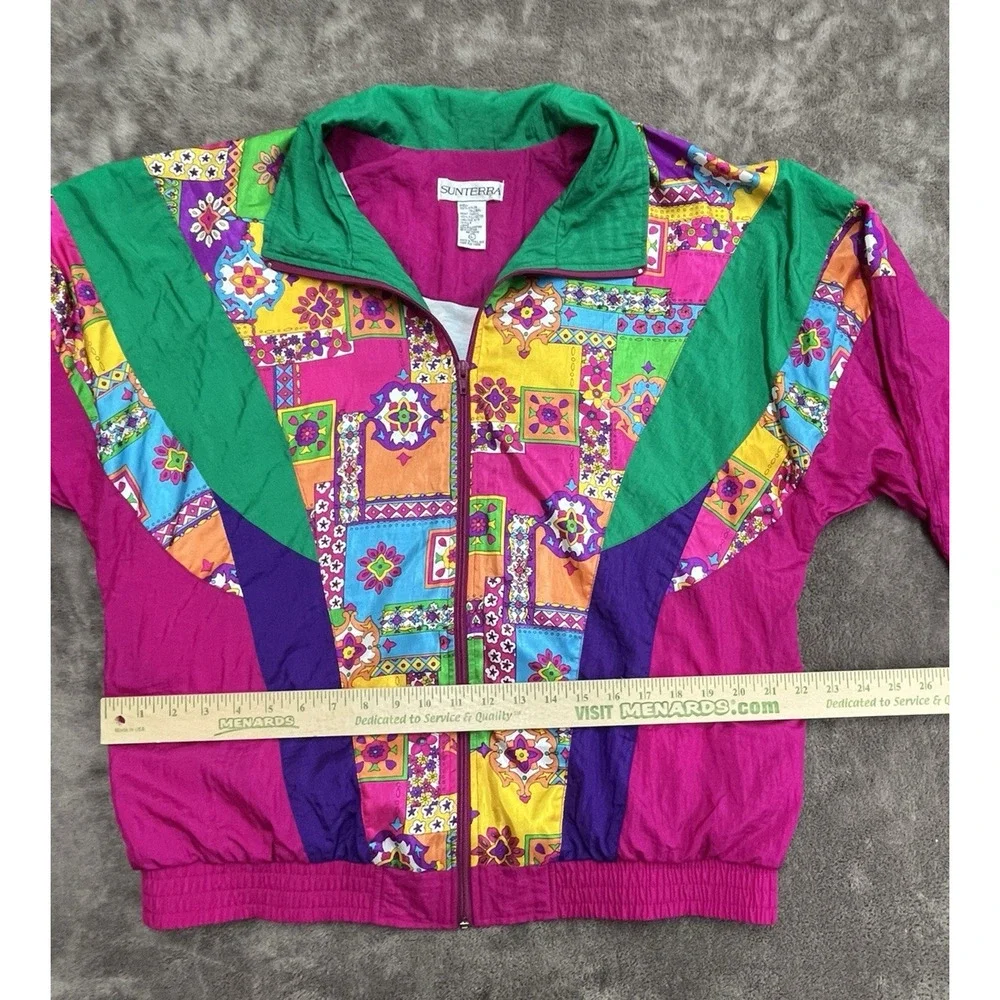 Vintage Windbreaker Jacket Women Large Nylon Loud Geometric Pattern Retro 80s 90